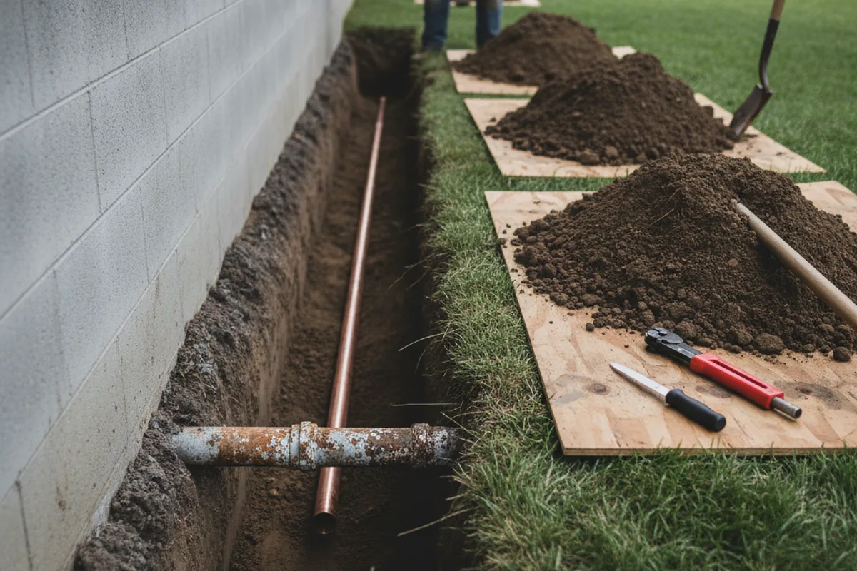 Excavated water line trench during Water Softener Installation in Elliott
